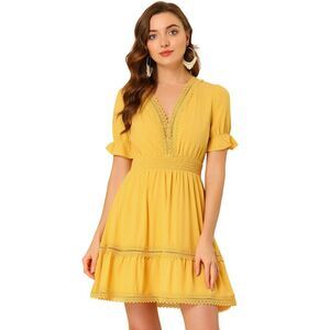 Boho Crochet Trim Puff Sleeve V Neck Smock Waist Ruffle Tier Dress Yellow